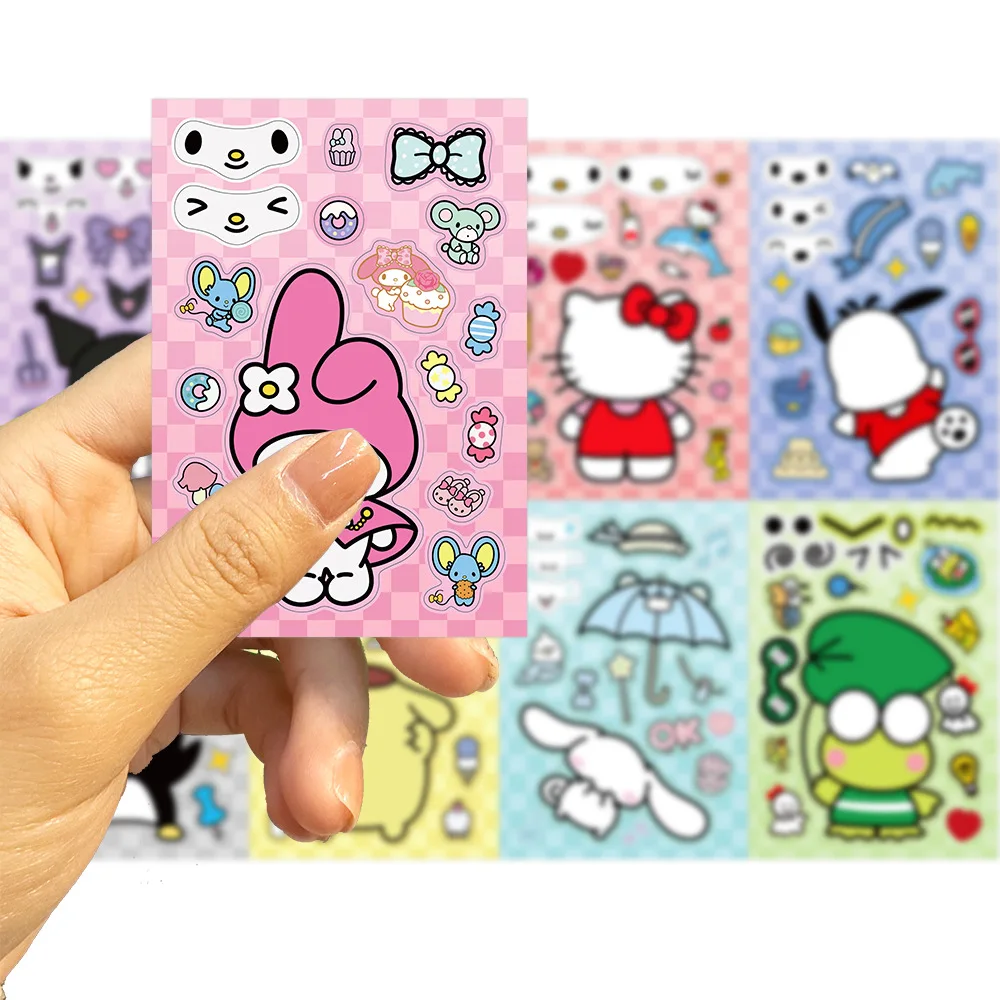 8 Sheets Mix Kuromi Hello Kitty Children Puzzle Anime Stickers Make a Face Assemble Cartoon Game Decal Assemble Jigsaw Girl Toy