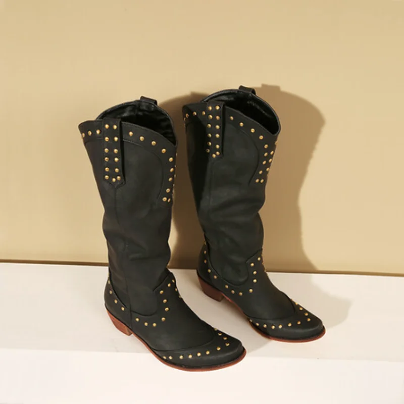 2025 Womens Western Boots Mid-Calf Big Size Fall Spring Winter Shoes with Rivets Lady Brown 40 41 42 43