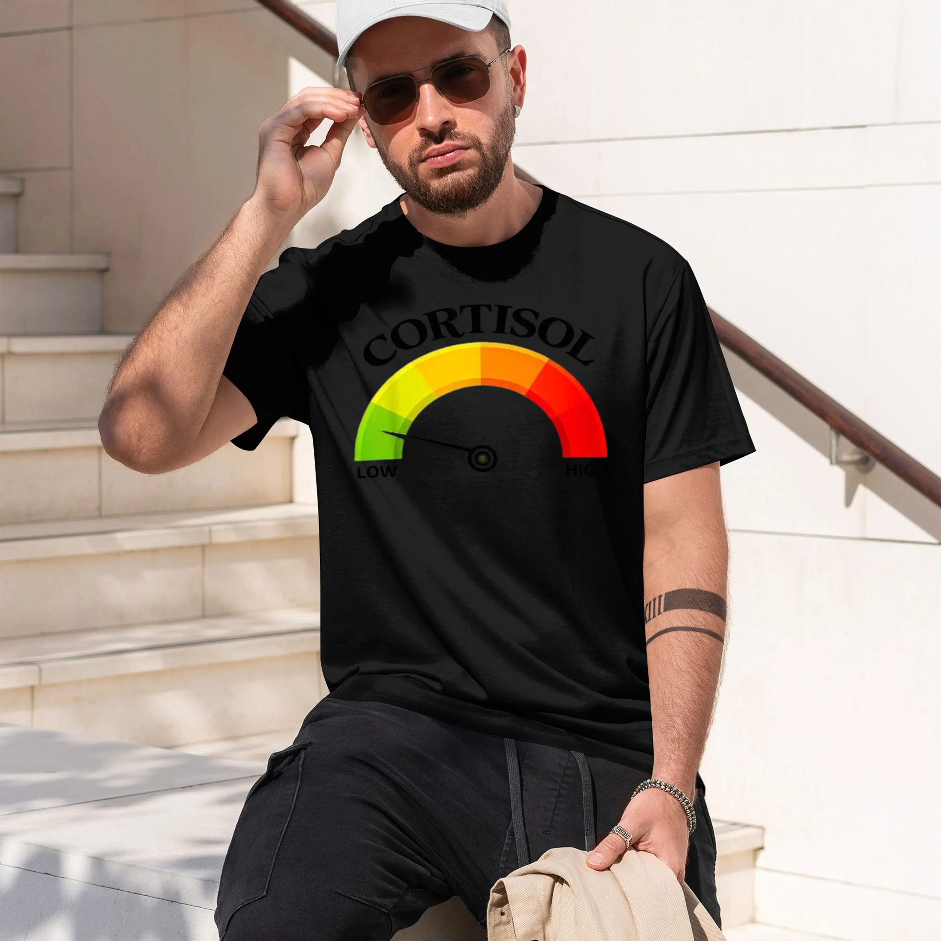 Cortisol Level Gauge Design Men's T-Shirt Stress Management Theme Casual Wear For Everyday Use Perfect Gift For Fitness Enthusia