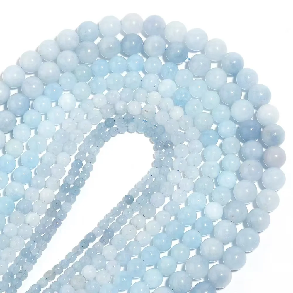 Contas de pedra azul para pulseiras, colares, pingentes, fabricação de joias e acessórios, contas redondas de água-marinha natural.