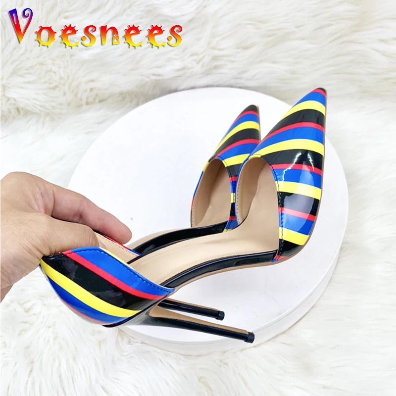 2024 New Rainbow Color Pointed Toe High Heels Summer 12CM Women's Slip-On Striped Sandals Wedding And Party Fashion Female Shoes