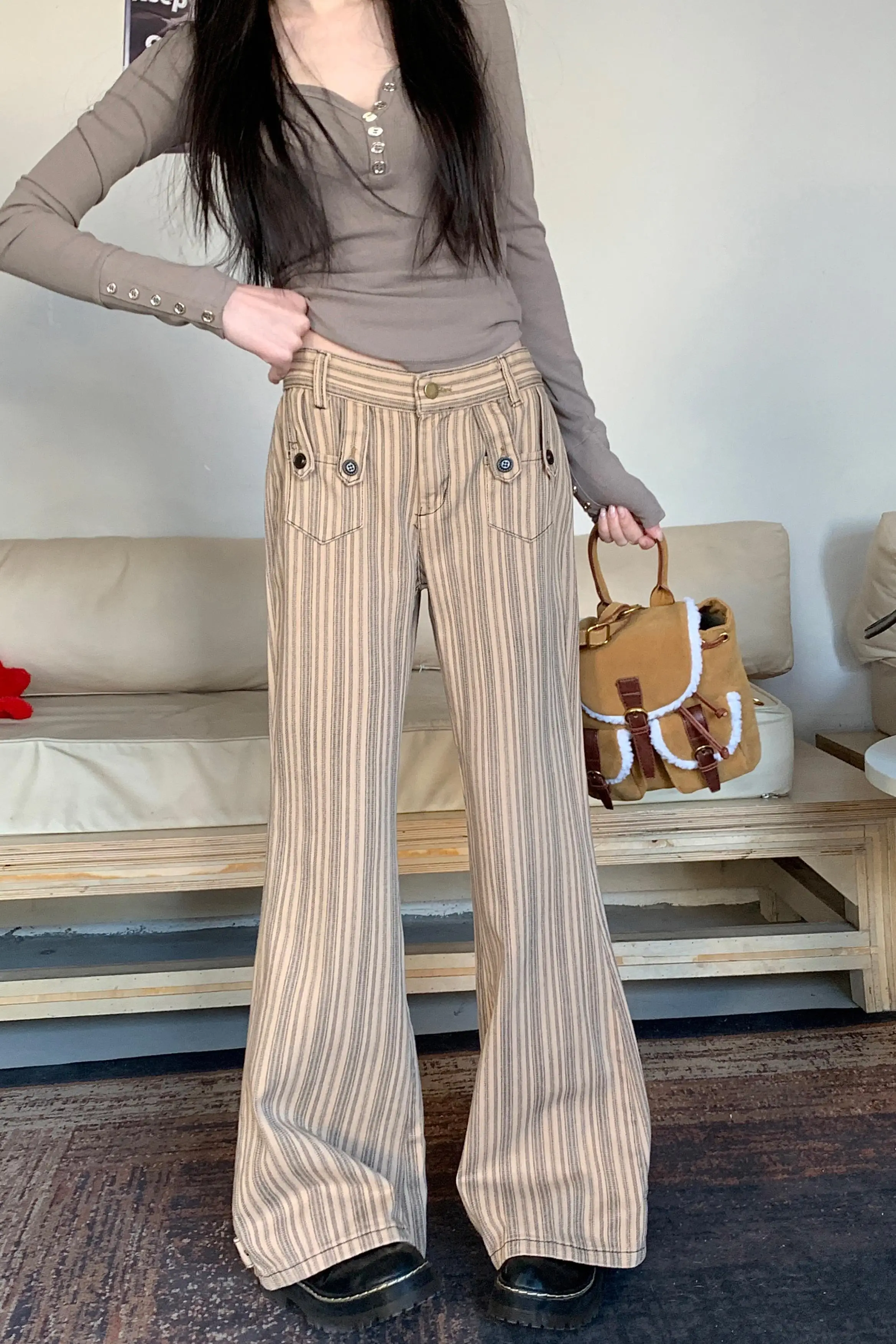 Women Vintage Old Money Skinny Jeans Grunge Japanese Abi Low Rise Gyaru Y2K Striped Denim Pants 2000s Aesthetic Korean Fashion