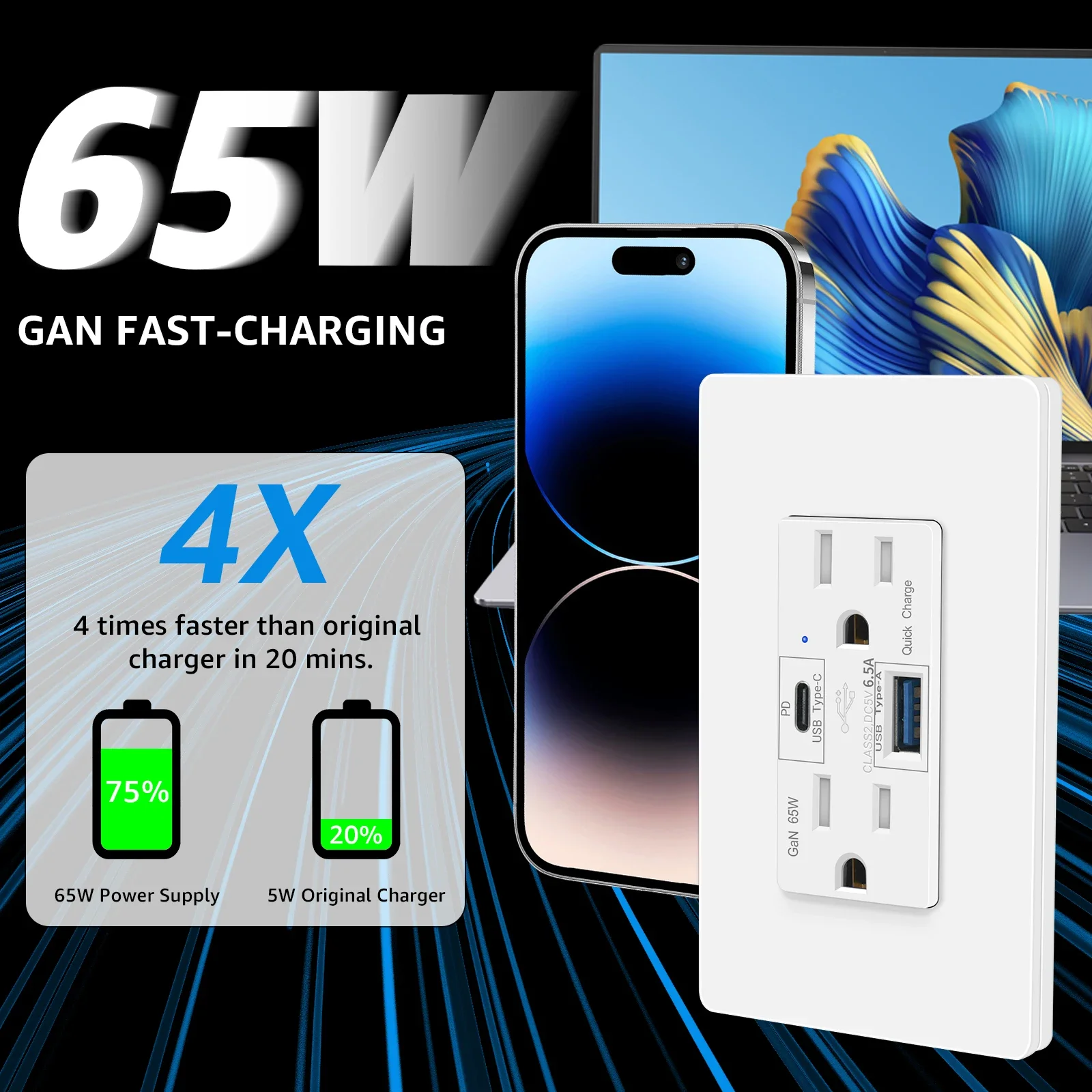 1Pcs PD3.0 65W Type C Outlet Fast Charging USB-C Charger 15 Amp Receptacle Plug Electrical USB Socket Charge for iPhone Android