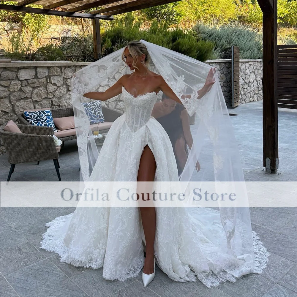 Glamorous Wedding Dress With Veil Slit Lace Coutry Garden Bridal Gown Elegant Arabic Bride Dress Customized