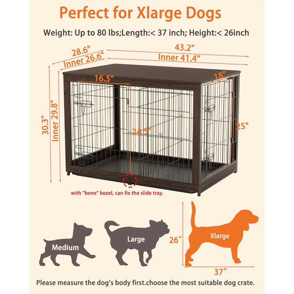 wooden dog crate furniture with divider panel, dog crate end table with fixable slide tray, double doors dog kennel indoor for