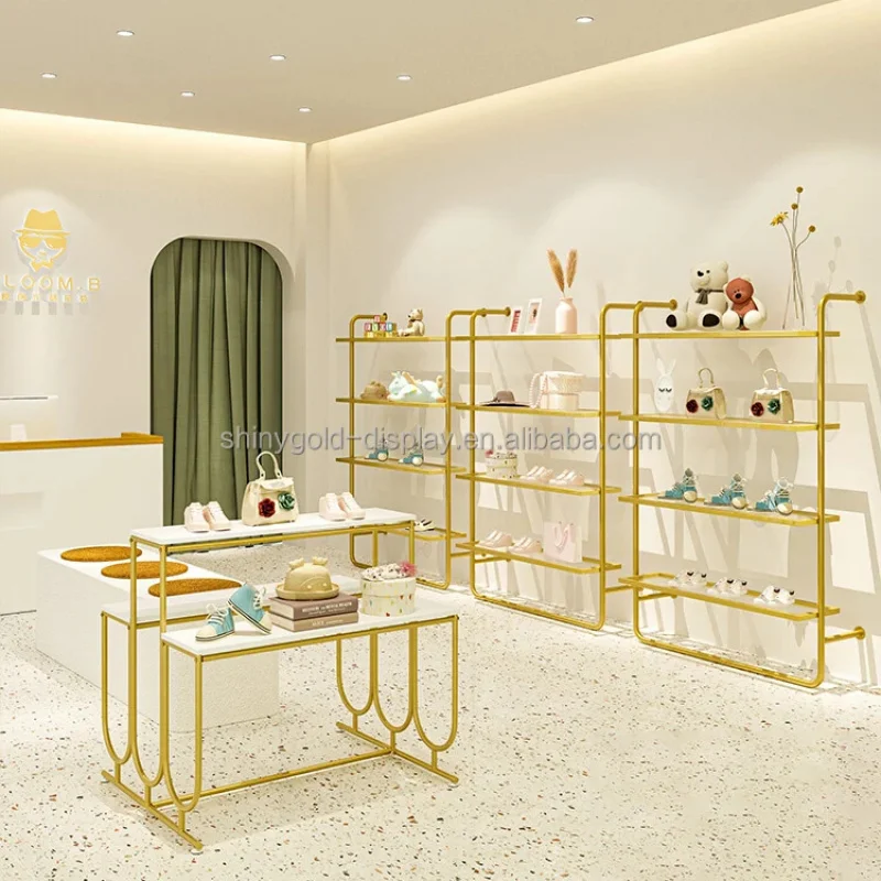 custom.Stainless Steel Wall Mounted Shoe Display Rack Shiny Golden Shelves Women Clothing Store Bag Rack Shop Multi-layer Displa