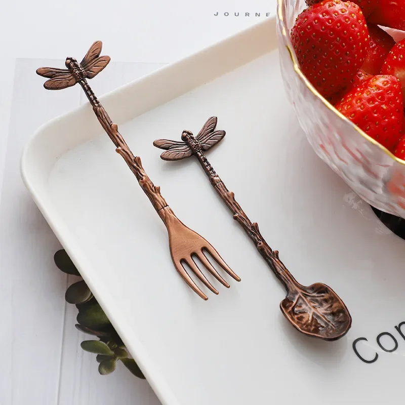 New Vintage Forest Style Coffee Dessert Dragonfly Branch Spoon Gift Craft Ice Cream Fork Spoon Set