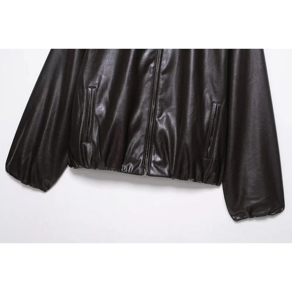 سترات نسائية من DUOPERI باللون البني من مادة البولي يوريثان بسحاب أمامي كاجوال ورقبة على شكل طية صدر وأكمام طويلة ملابس نسائية أنيقة وأنيقة #6