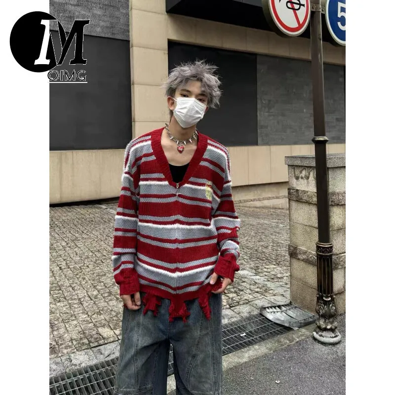 [OIMG] American Striped Hem Tattered Cardigan For Couples Knit Sweater Jacket