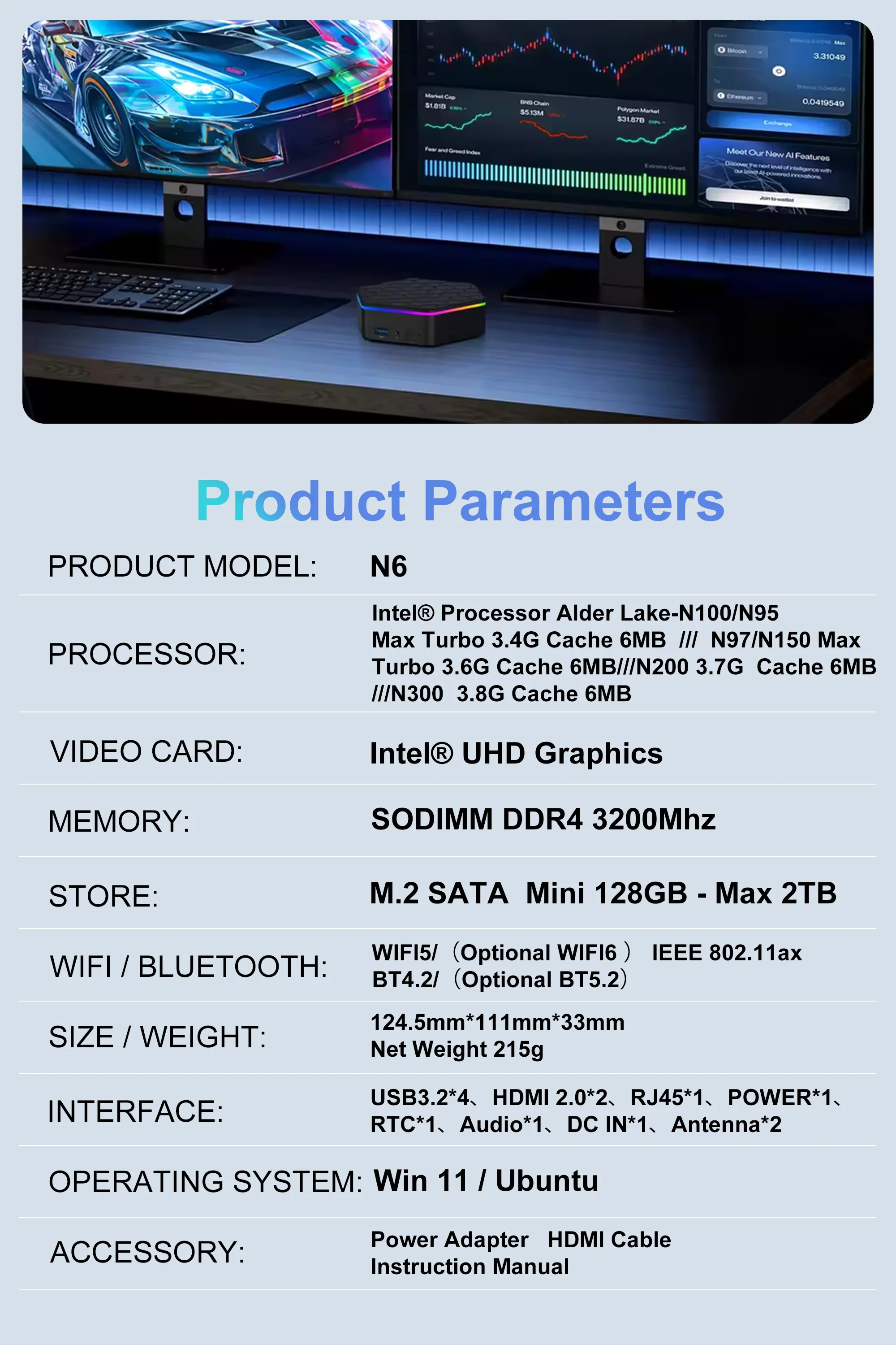 Bestoss N6 Mini PC Alder Lake N100 4K 60Hz Intel 12th DDR4 16GB RAM 512GB ROM WiFi 5 BT4.2 mini pc windows 11 computadora de escritorio