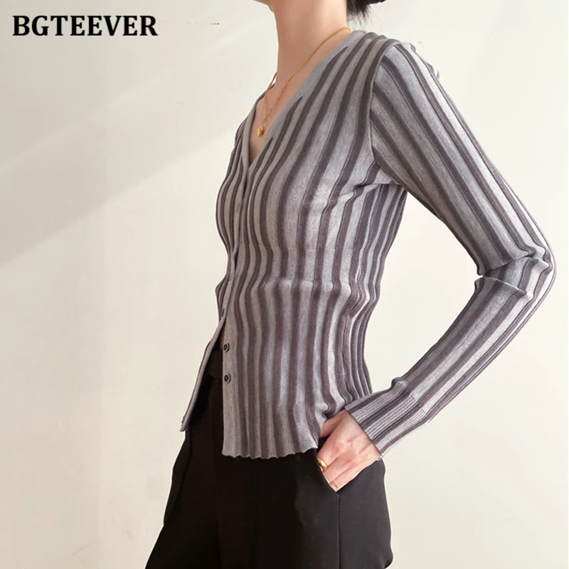 BGTEEVER Autumn Winter V-neck Long Sleeve Women Striped Knitted Cardigan Tops Stylish Slim Ladies Single-breasted Sweaters