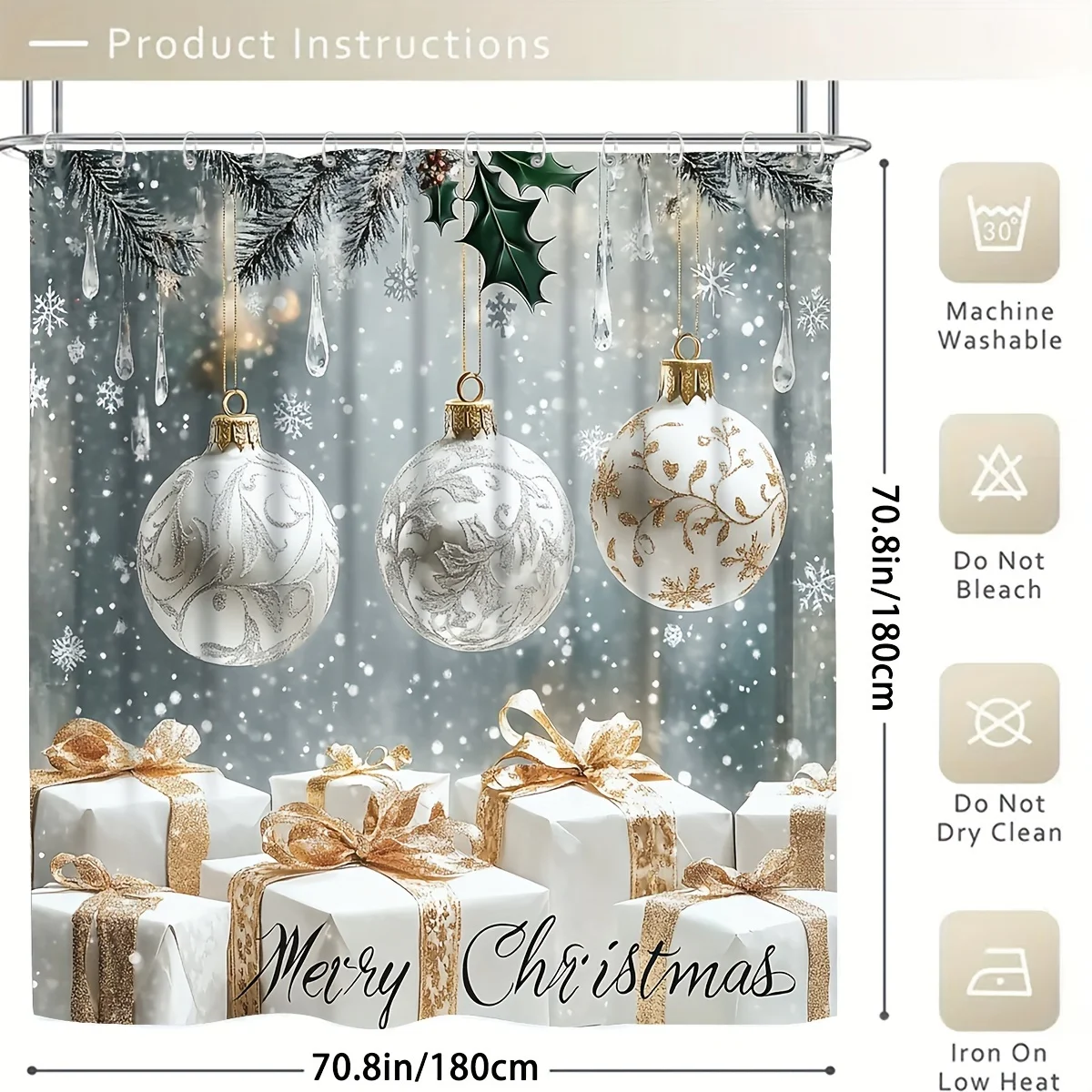 4Pcs Xmas Bath Set – Housewarming Gift, 12 Hooks, Non-Slip Mat, U-Cover & Seat, Shower Curtain, Modern Bathroom Decor