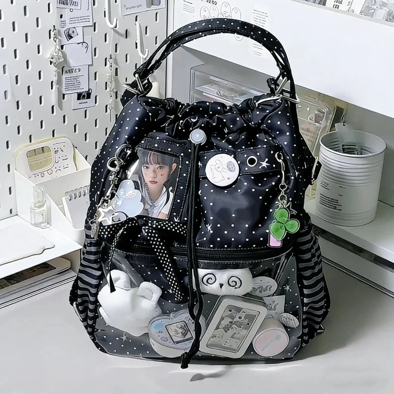 

Рюкзак на шнурке в горошек, большая вместительная прозрачная многослойная сумка на плечо, милая женская сумка через плечо в стиле аниме, повседневная сумка через плечо