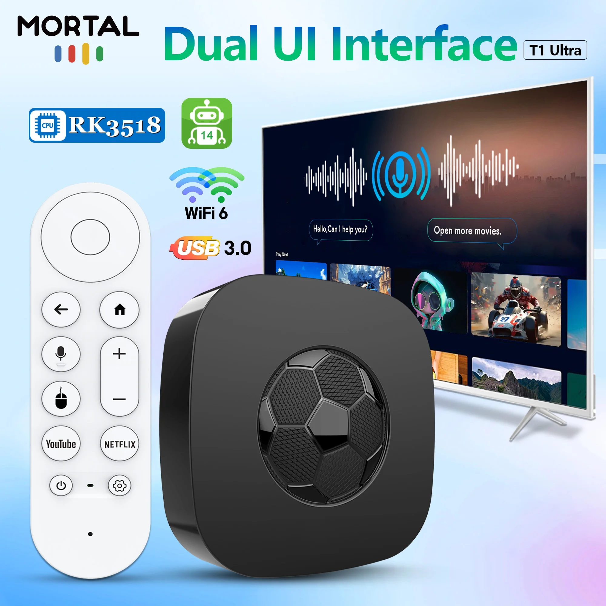 2026 New MORTAL T1 ULTRA Plug And Play Mini Media TV BOX RK3518 Android 14 Dual System 4K Decoding Stable BT5 Wifi6 Set Top Box