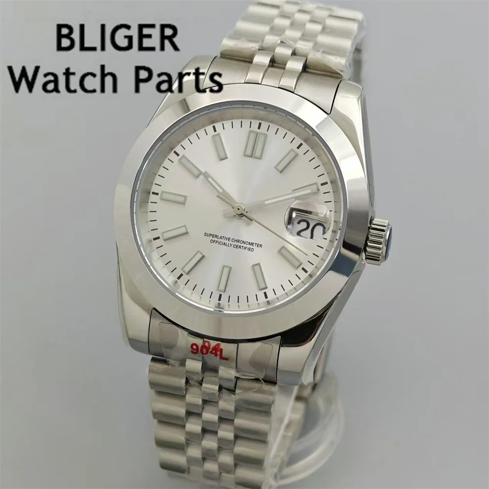 BLIGER 36 мм/39 мм мужские часы NH35 автоматический механизм с фиксированным наклонным безелем белый циферблат сапфировое стекло зеленый светящийся стальной ремешок