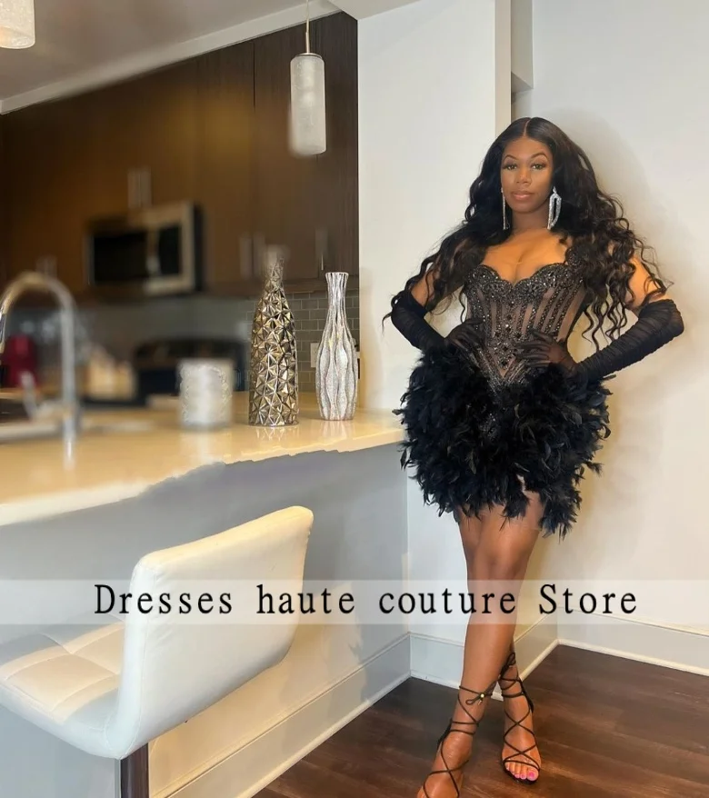 

Black Short Prom Dresses For Black Girls Crystals Women Birthday Party Dresses Feathers African Evening Gown Robe De Customized