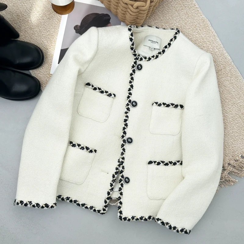 Luxury French Small Fragrant White Tweed Jacket Classic O Neck Contrast Lace Casual Korea Chic Sweet Long-sleeved Women's Coat