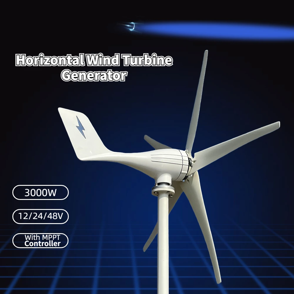 The horizontal axis 3000W 3/5 Blades Windmill 12V 24V 48V Wind Power Small Wind Turbine Generator MPPT Controller For Home use