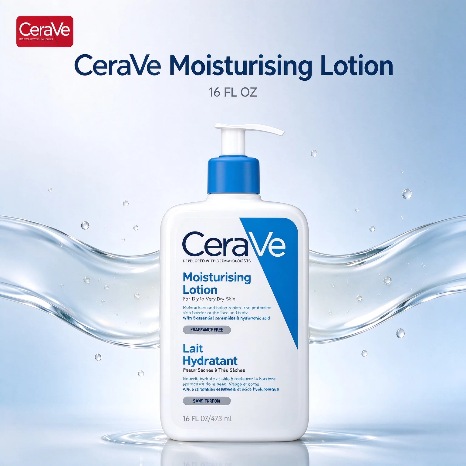 CeraVe Moisturising Lotion Lait Hydratant, Fragrance Free For Dry to Very Dry Skin 16 FL OZ (473ml)