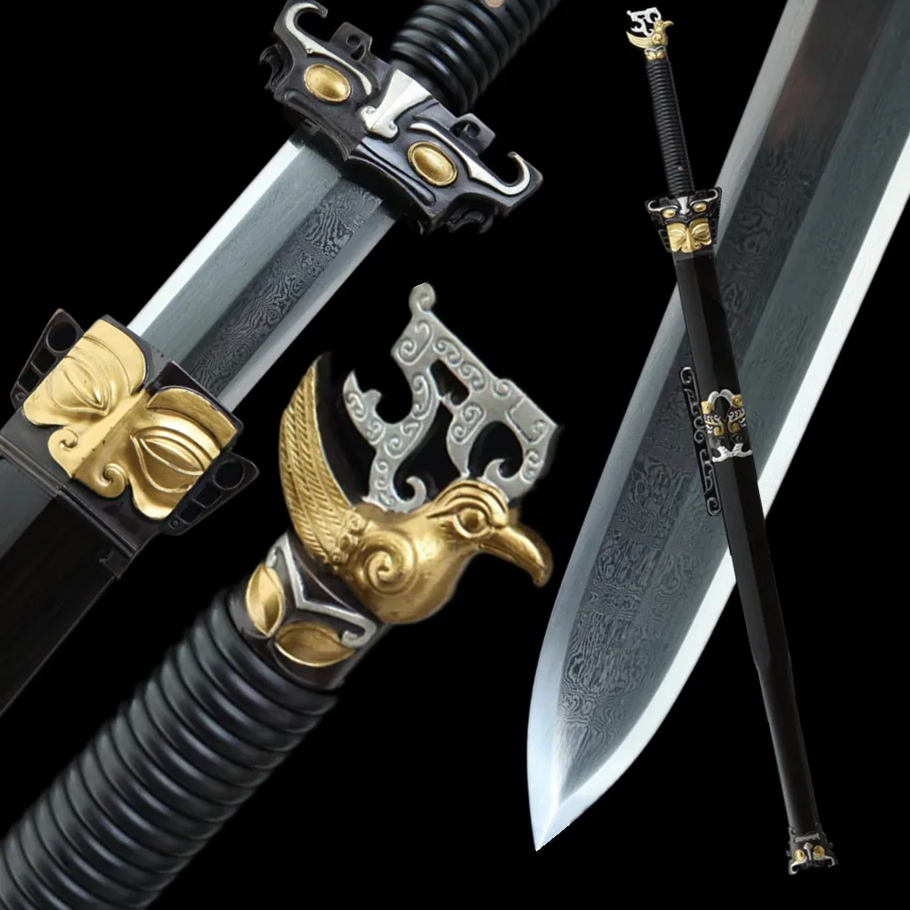 Exquisite Chinese Han Wu King Jian Folded Steel Sword Handmade Gilt Silver Plated Brass Fittings