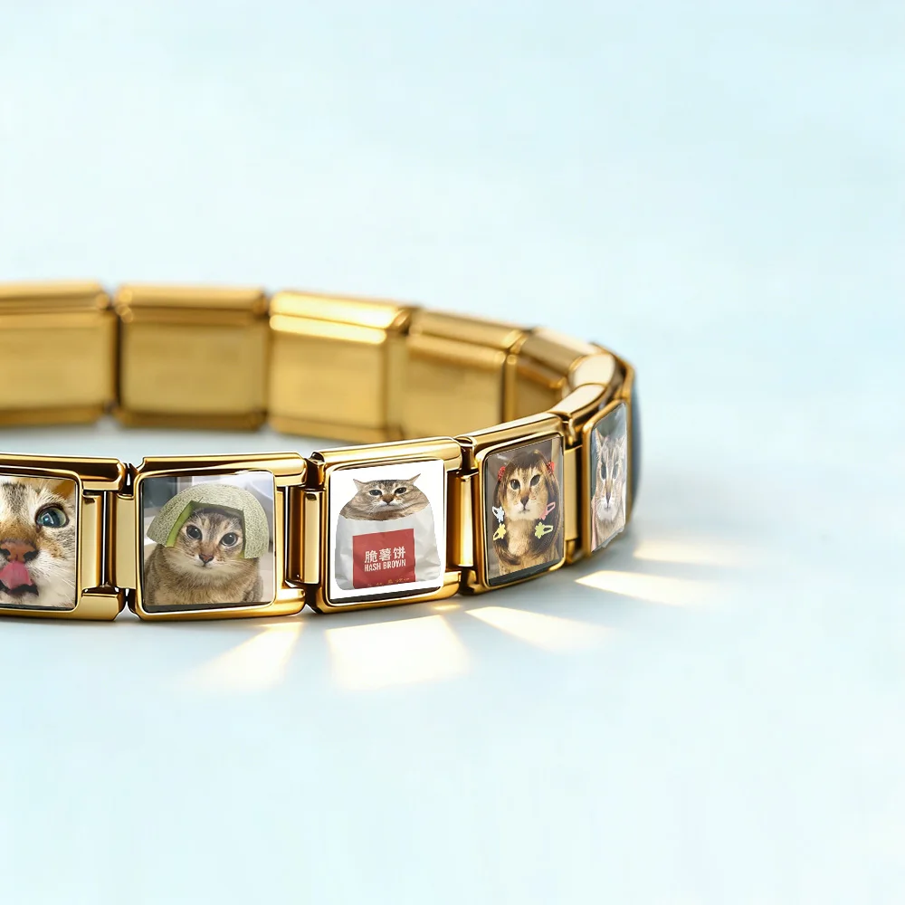 GEMOSA Trendiges, niedliches Mei Mei Katzen-Armband mit quadratischen Anhängern, passend für 9mm italienische Glieder, DIY Edelstahl-Schmuckherstellung, Originaldesign – Detail 2