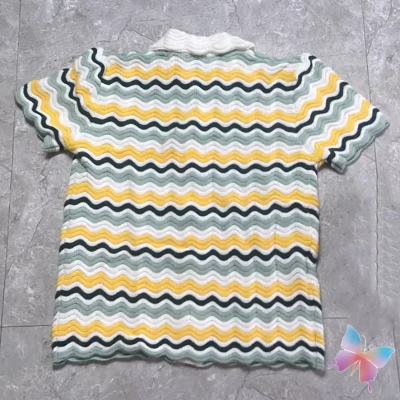 Fashion Street Yellow Green Spliced Wavy Pattern Casa Shirts Suit Men Women Knitted Short Sleeve Casual Drawstring Shorts