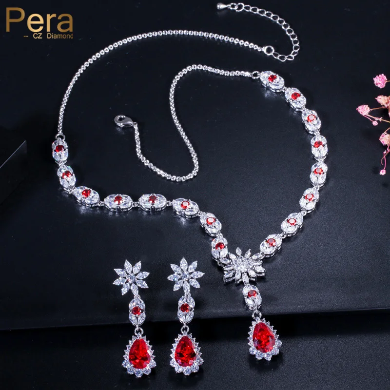 Pera Luxury Bridal Big Water Long Cubic Zirconia Green Drop Necklace and Earring Sets for Women Wedding Jewelry Accessories J092