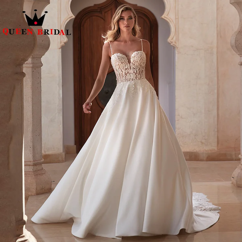 

Charming Spaghetti Straps V Neck Wedding Dresses Beading Appliques Sequined A Line Bridal Gowns Robe De Mariée Custom Y40H