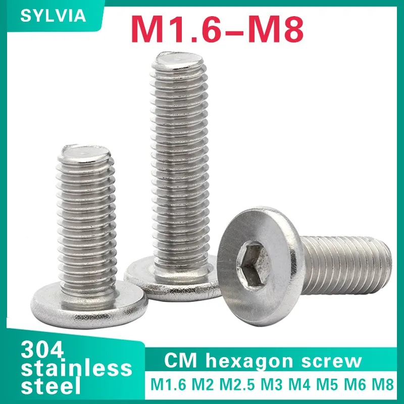 5/ 10/ 20/ 50pcs Cm M1.6 M2 M2.5 M3 M4 M5 M6 M8 304 Stainless Steel Hex Socket Ultra Thin Super Low Flat Wafer Head Screw Bolt