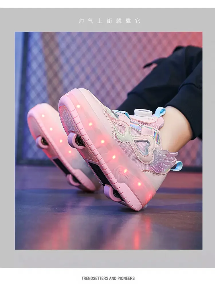 Children Two Girls Wheels Luminous Glowing Sneakers Heels Pink Led Light Roller Skate Shoes Kids Led Shoes USB Charging 29-38