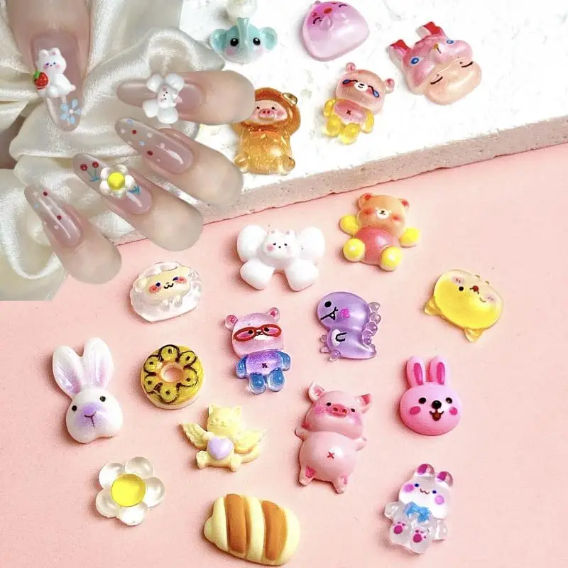 Random Mixed Resin Cute Cartoon Nail Charms Kawaii Piggy Rabbit Cookies Nail Nail Art Decorations Supplies for Manicure DIY