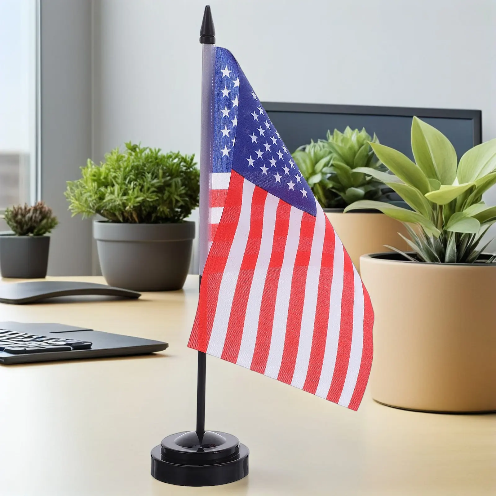 10Sets Small American Table Flags Mini Desk Flag Holder Stable Base Office Desktop Flag for Meetings Party Decoration