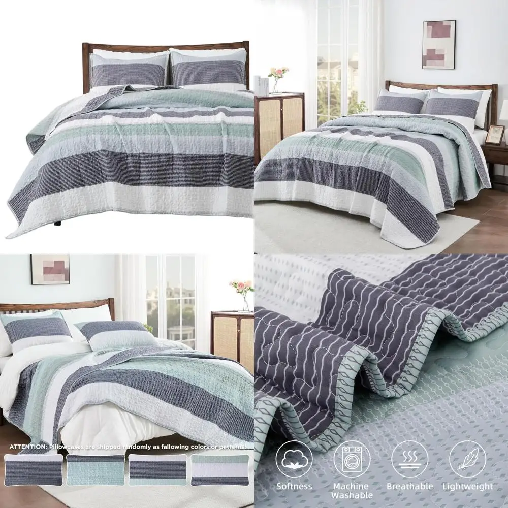 

Sage Green 3-Piece Patchwork Bedspread Set with Mint Stripes and Pillow Shams for All Seasons (90x96)