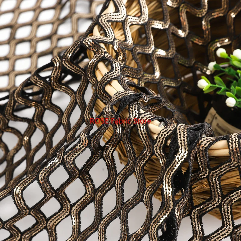 

1 yard Sequin Bead Embroidered Fabric Spring Summer Lace Embroidered Mesh Dress Hollow Out Designer Sewing Fabric