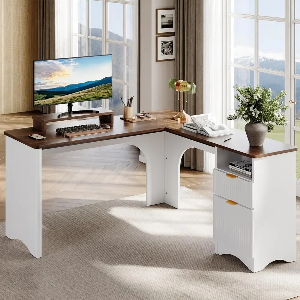 

L Shaped Desk with File Drawer, 55.7" x 55" Office Computer Desk with Round Corners, Modern Desk with Monitor Stand &Fluted
