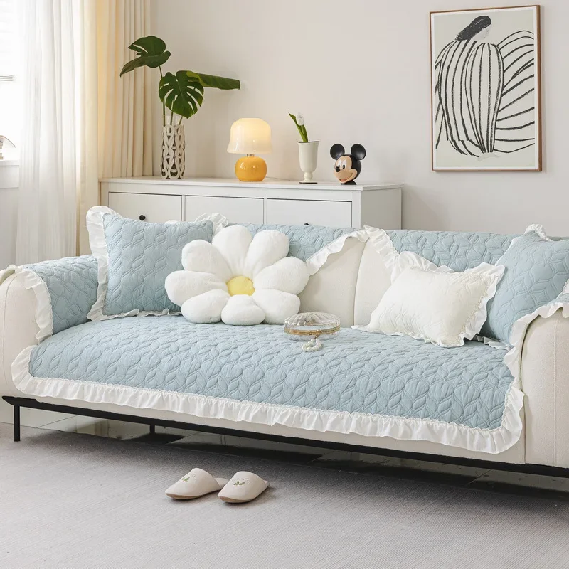 Cotton Sofa Cushion Non-slip Four Season Sofa Cover Solid Color Cream Style Living Room Furniture Protector Backrest Towel Cover