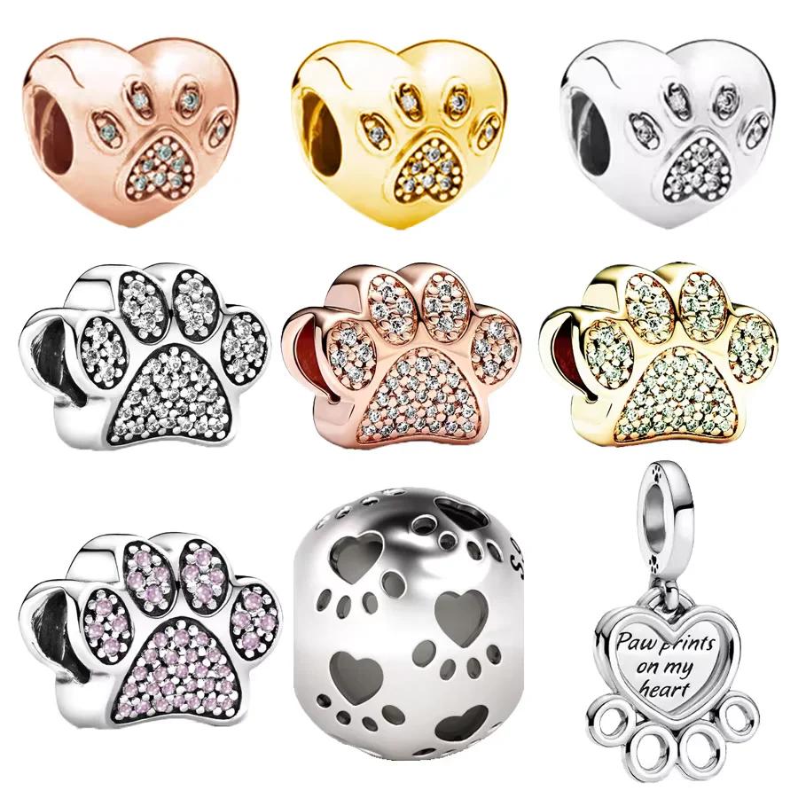 Hot Sales Rose Gold Dog Paw Print Dangle Sparkling Bead Fit Original 925 Sterling Silver Bracelet Gift DIY Charm Jewelry