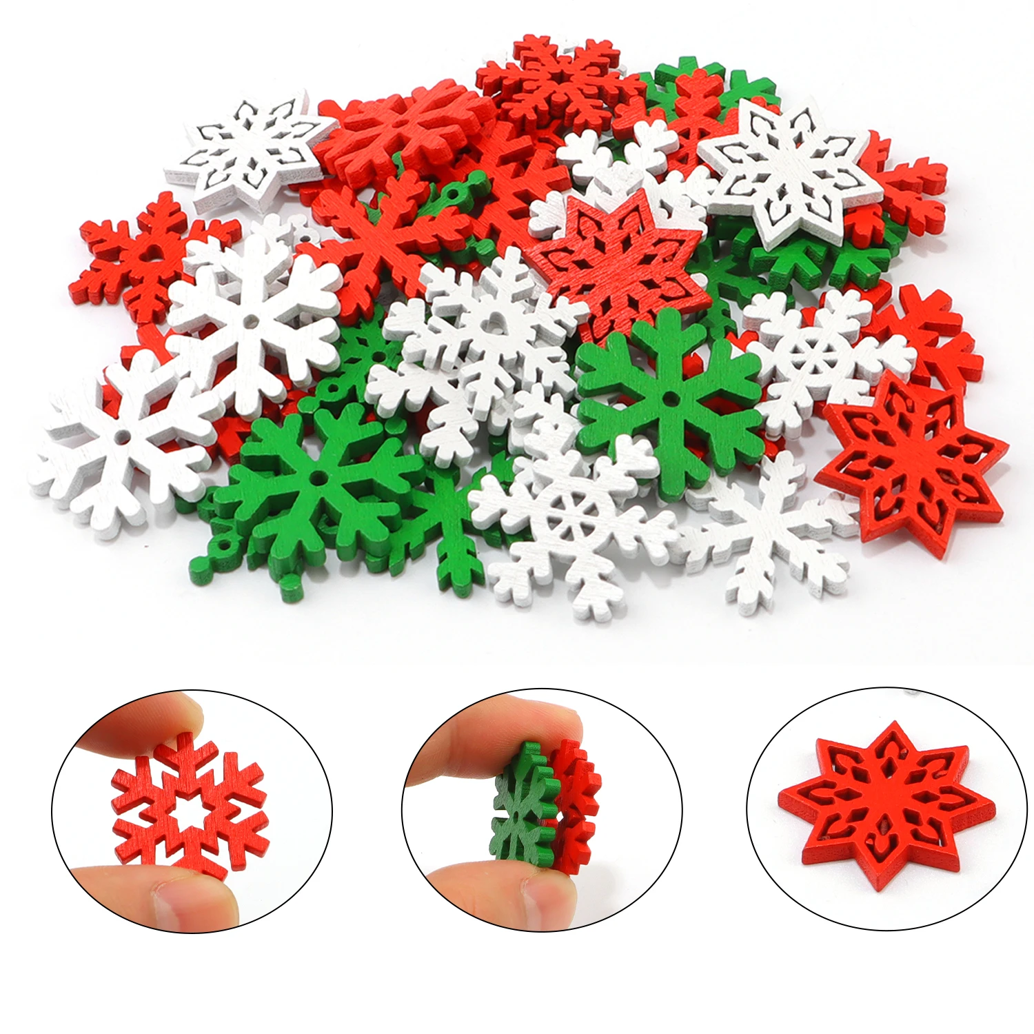 50Pcs Mix Color Christmas Snowflakes Wooden Ornaments for DIY Crafts Scrapbooking Decor New Year Xmas Tree Decoration Supplies