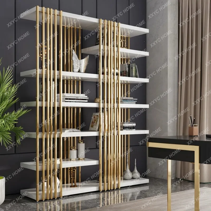 Light luxury bookshelf Floor-to-ceiling stainless steel bookcase Multi-layer partition display rack Living room shelf