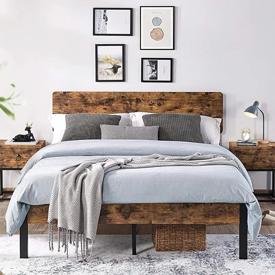 

Queen/Full/Twin Bed Frame Metal Bed w/ Height-Adjustable Wooden Headboard&Footboard,No Box Spring Needed,Easy Assembly, Brown