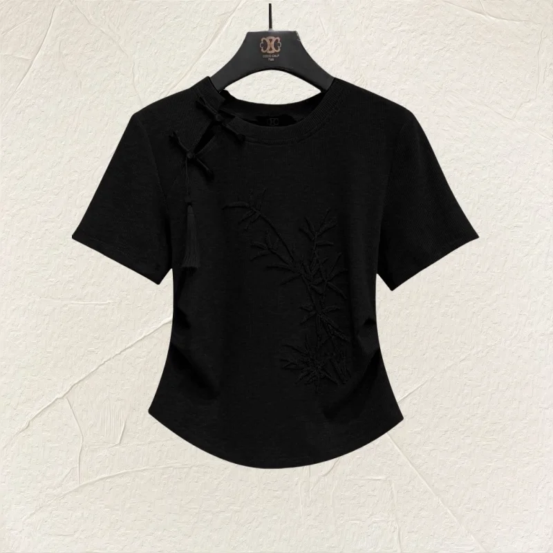 تي شيرت شيونغسام بياقة دائرية مطرز على الطراز الصيني الجديد لعام 2025 بأكمام قصيرة تي شيرت نسائي صيفي من القطن الخالص تشيباو للتخسيس #2