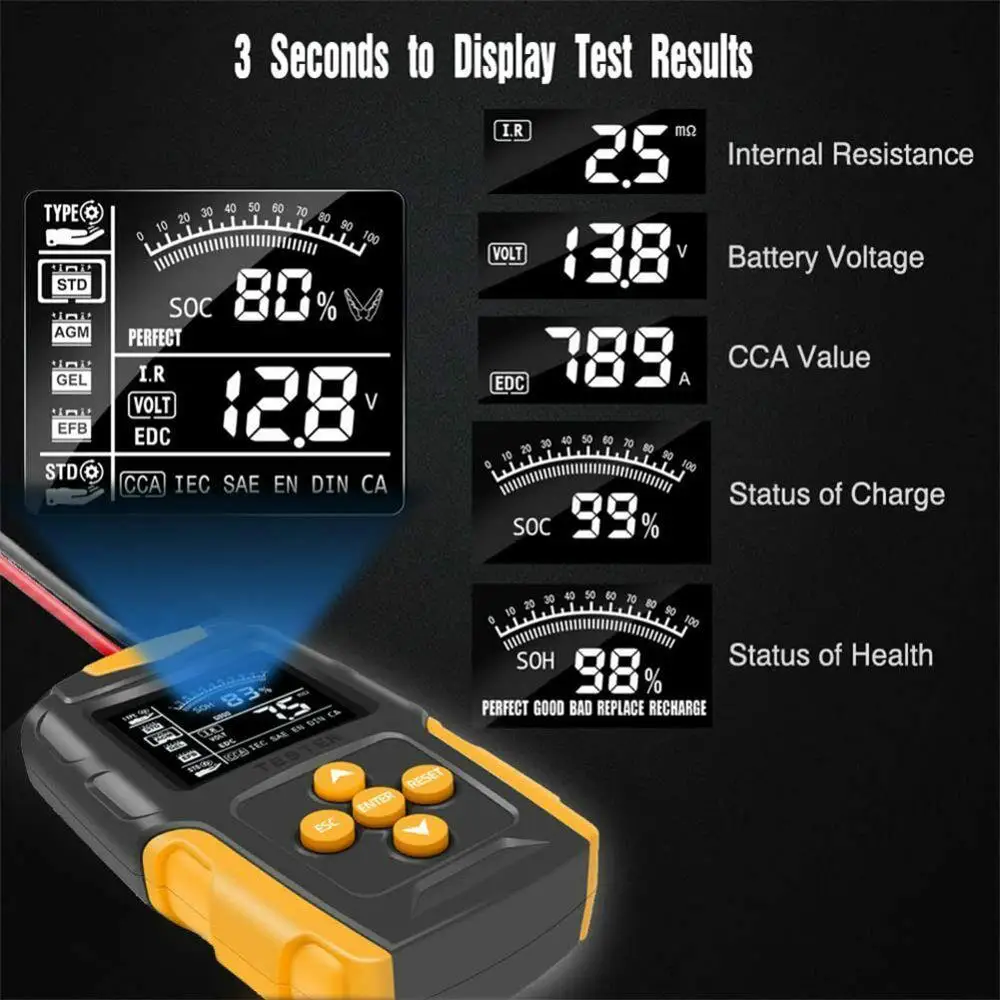 Car Motorcycle Battery Tester 12V 24V Battery System Analyzer SOH SOC CCA IR Measurement for Car Truck