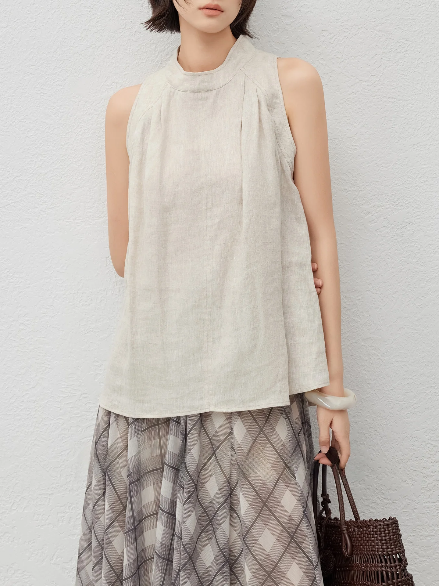 

MeiYang Summer Fre Linen Vest Svel Stand Collar Cut out oulder Women's Loose Fit Faion Top Pure Color Casual Wear