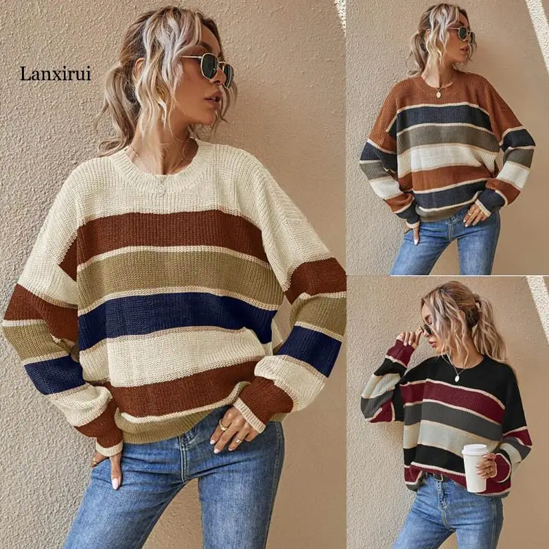 

Striped Pattern Knitwear Fashion Women's Sweaters Oversized Loose Tops 2022 Autumn Winter Casual Lady Pullover Sweaters