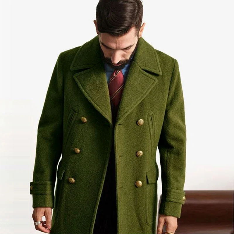 

2025 Spring Vintage Woolen Trench Mid Coats Men New Casual Button-up Lapel Woolen Jacket for Mens Office Outdoor Woolen Outfits