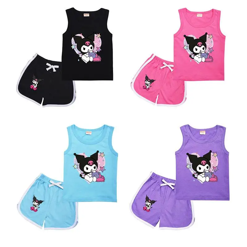 Sanrios Kids Fashion Suit Cartoon Kuromi Girls Short Sleeve Shorts Two-Piece Set Cartoon Cotton T-Shirt Summer Casual Sportswear