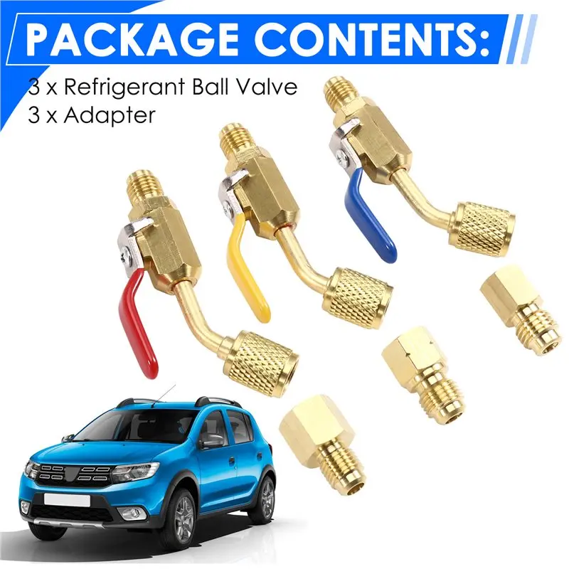 B03C-Compact Angled Refrigerant Ball Valve Set(3) For R410A R134A R12 R22 R502 AC HVAC Refrigeration Charging Hose Car Parts