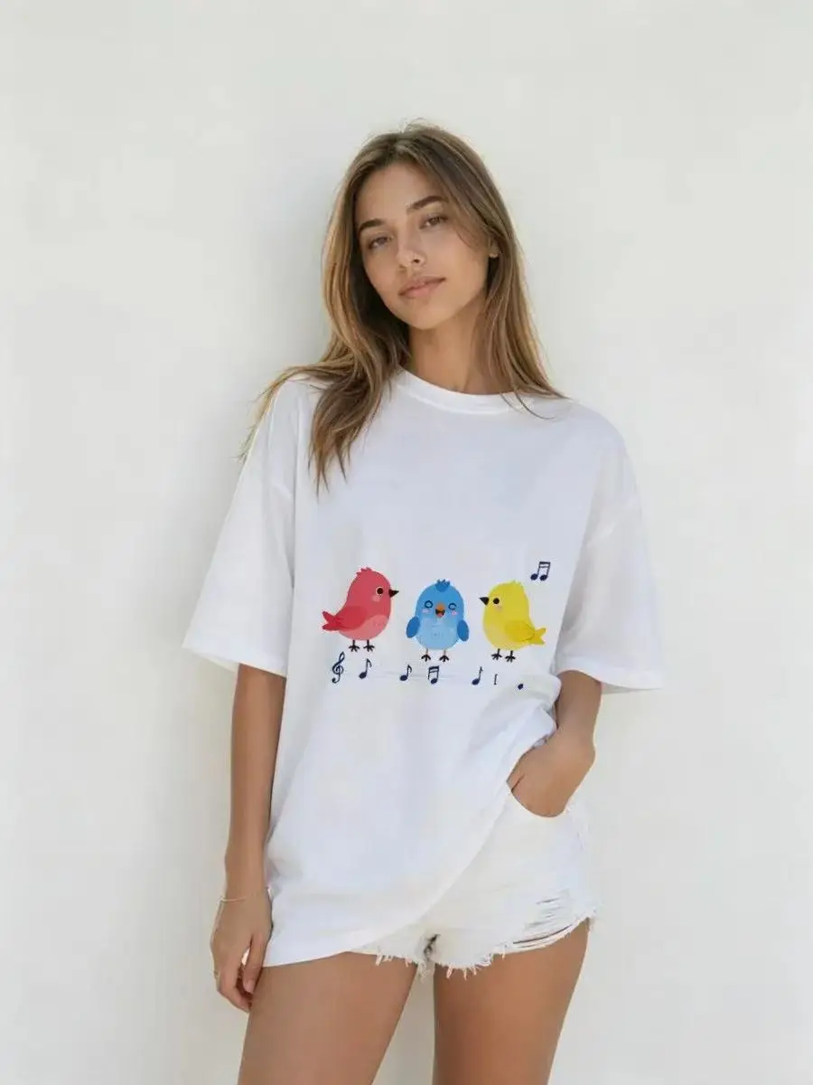 Colorful Birds and Musical Notes Printed Trendy Temperament Tshirts Women Clothing Short Sleeved O-neck Cute Kawaii Clothes 2026