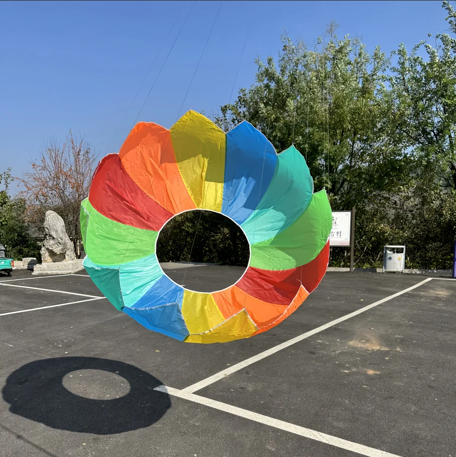 Outdoor hand pulled rolling dragon kite, adult spinning soft rainbow kite, beach park camping and flying view 4