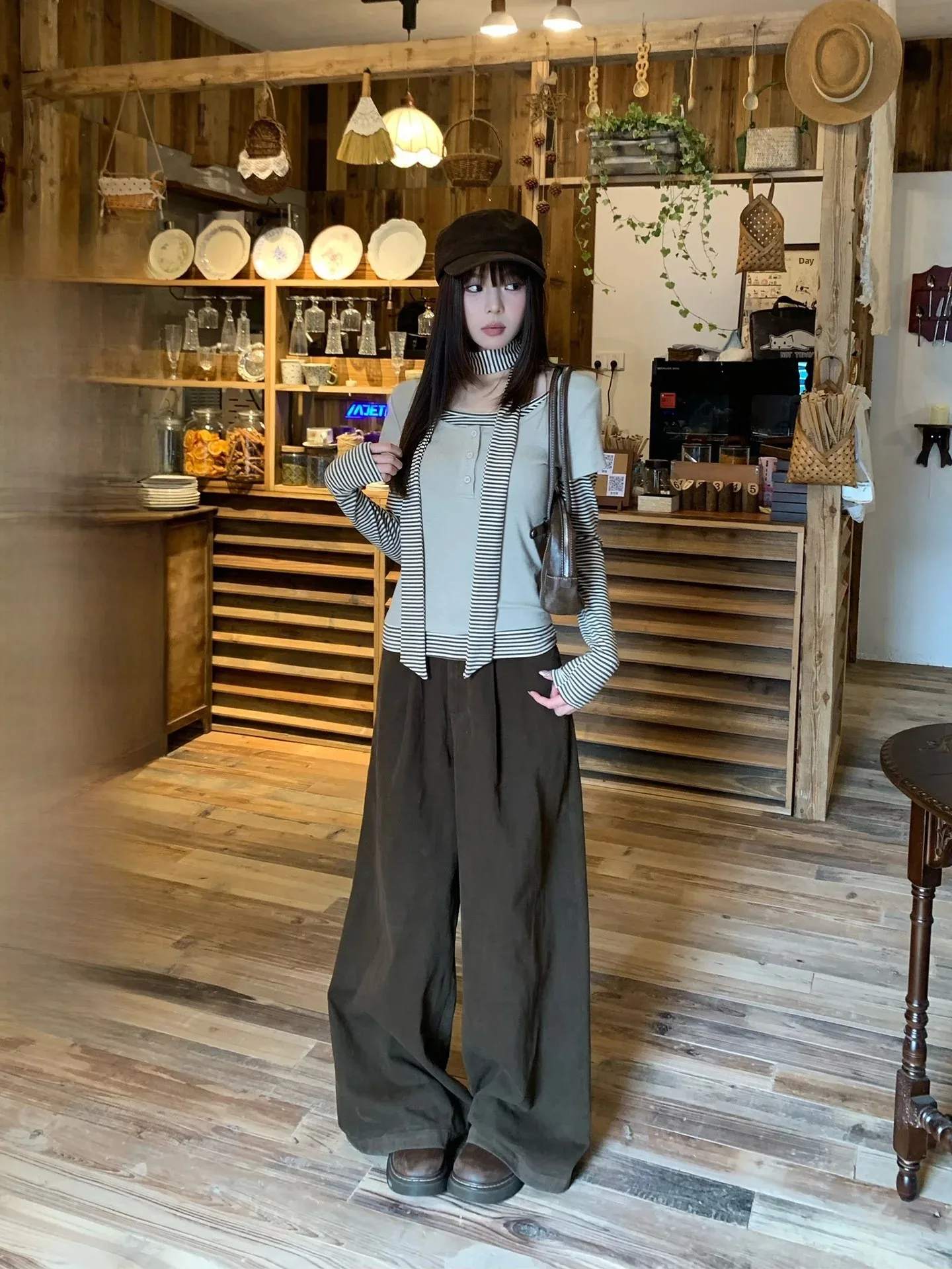 Song Zhengen American Coffee Wide Leg Pants Women's Casual High Waist Floor-Length Pants Autumn New Style Retro Small Size